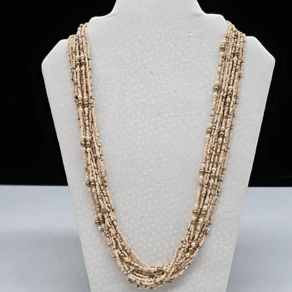 Vintage Multi Strand Seed Pearl & Gold Tone Beaded Necklace With Decorative Clas - Picture 2 of 7